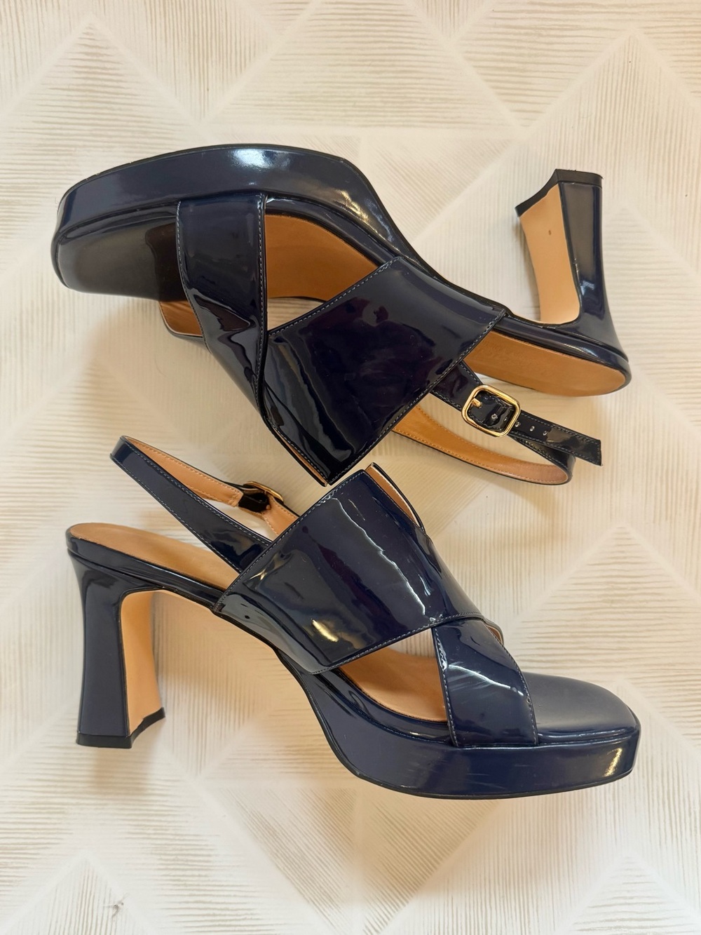 Patent Leather Navy Platform Sandal Heels